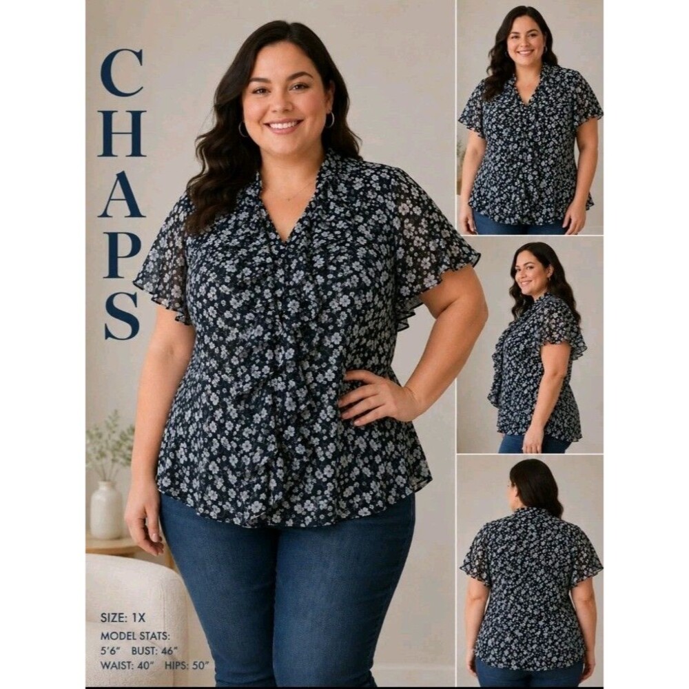 NWT CHAPS Womens 1X Georgette Floral Peplum Ruffles Semi-Sheer Button Black Top